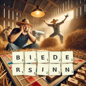 Kreative Illustration für ein Scrabble-Spiel, bei dem das Wort BIEDERSINN mit Steinen auf dem Brett gelegt wurde.