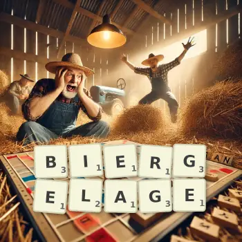 Kreative Illustration für ein Scrabble-Spiel, bei dem das Wort BIERGELAGE mit Steinen auf dem Brett gelegt wurde.