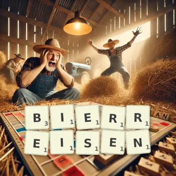 Kreative Illustration für ein Scrabble-Spiel, bei dem das Wort BIERREISEN mit Steinen auf dem Brett gelegt wurde.