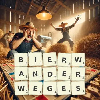 Kreative Illustration für ein Scrabble-Spiel, bei dem das Wort BIERWANDERWEGES mit Steinen auf dem Brett gelegt wurde.