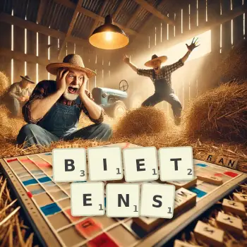 Kreative Illustration für ein Scrabble-Spiel, bei dem das Wort BIETENS mit Steinen auf dem Brett gelegt wurde.