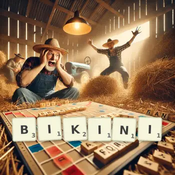Kreative Illustration für ein Scrabble-Spiel, bei dem das Wort BIKINI mit Steinen auf dem Brett gelegt wurde.