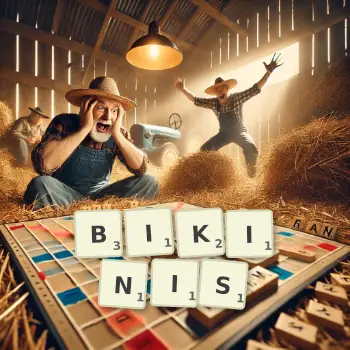 Kreative Illustration für ein Scrabble-Spiel, bei dem das Wort BIKINIS mit Steinen auf dem Brett gelegt wurde.