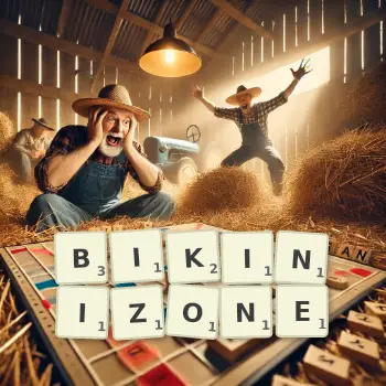 Kreative Illustration für ein Scrabble-Spiel, bei dem das Wort BIKINIZONE mit Steinen auf dem Brett gelegt wurde.