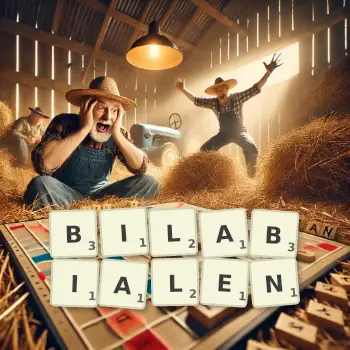 Kreative Illustration für ein Scrabble-Spiel, bei dem das Wort BILABIALEN mit Steinen auf dem Brett gelegt wurde.