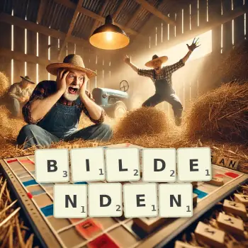 Kreative Illustration für ein Scrabble-Spiel, bei dem das Wort BILDENDEN mit Steinen auf dem Brett gelegt wurde.