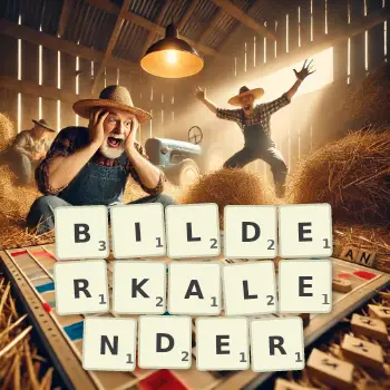 Kreative Illustration für ein Scrabble-Spiel, bei dem das Wort BILDERKALENDER mit Steinen auf dem Brett gelegt wurde.