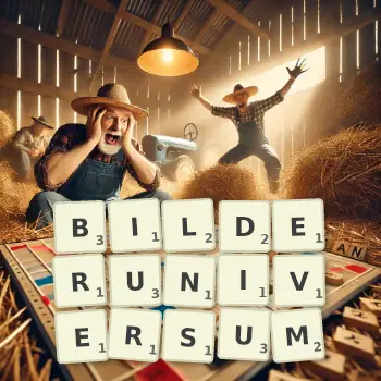 Kreative Illustration für ein Scrabble-Spiel, bei dem das Wort BILDERUNIVERSUM mit Steinen auf dem Brett gelegt wurde.