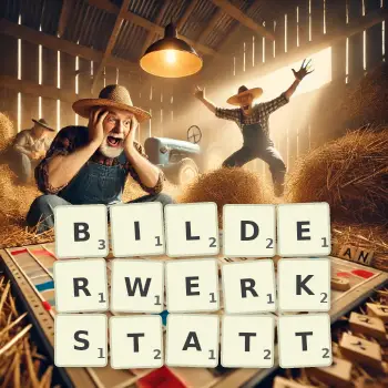 Kreative Illustration für ein Scrabble-Spiel, bei dem das Wort BILDERWERKSTATT mit Steinen auf dem Brett gelegt wurde.