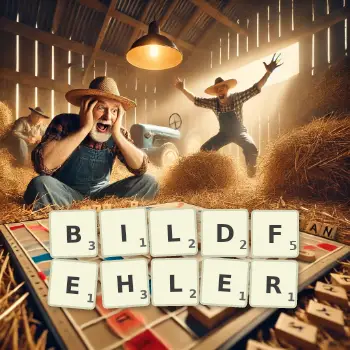 Kreative Illustration für ein Scrabble-Spiel, bei dem das Wort BILDFEHLER mit Steinen auf dem Brett gelegt wurde.