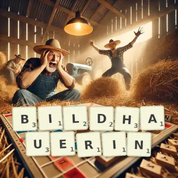Kreative Illustration für ein Scrabble-Spiel, bei dem das Wort BILDHAUERIN mit Steinen auf dem Brett gelegt wurde.