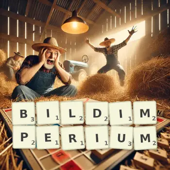 Kreative Illustration für ein Scrabble-Spiel, bei dem das Wort BILDIMPERIUM mit Steinen auf dem Brett gelegt wurde.