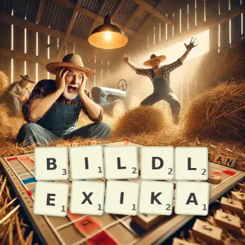 Kreative Illustration für ein Scrabble-Spiel, bei dem das Wort BILDLEXIKA mit Steinen auf dem Brett gelegt wurde.