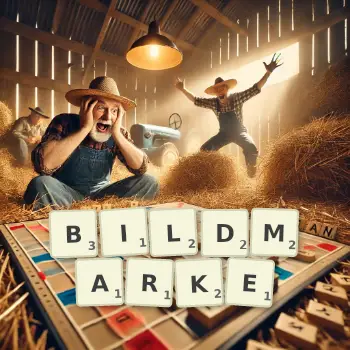 Kreative Illustration für ein Scrabble-Spiel, bei dem das Wort BILDMARKE mit Steinen auf dem Brett gelegt wurde.