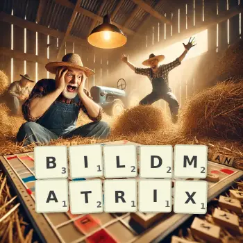 Kreative Illustration für ein Scrabble-Spiel, bei dem das Wort BILDMATRIX mit Steinen auf dem Brett gelegt wurde.