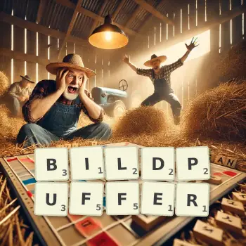 Kreative Illustration für ein Scrabble-Spiel, bei dem das Wort BILDPUFFER mit Steinen auf dem Brett gelegt wurde.