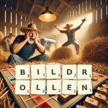 Kreative Illustration für ein Scrabble-Spiel, bei dem das Wort BILDROLLEN mit Steinen auf dem Brett gelegt wurde.