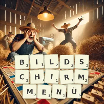 Kreative Illustration für ein Scrabble-Spiel, bei dem das Wort BILDSCHIRMMENÜ mit Steinen auf dem Brett gelegt wurde.