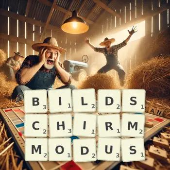 Kreative Illustration für ein Scrabble-Spiel, bei dem das Wort BILDSCHIRMMODUS mit Steinen auf dem Brett gelegt wurde.
