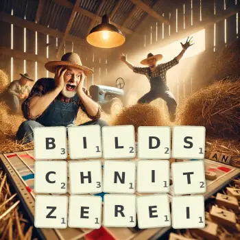 Kreative Illustration für ein Scrabble-Spiel, bei dem das Wort BILDSCHNITZEREI mit Steinen auf dem Brett gelegt wurde.