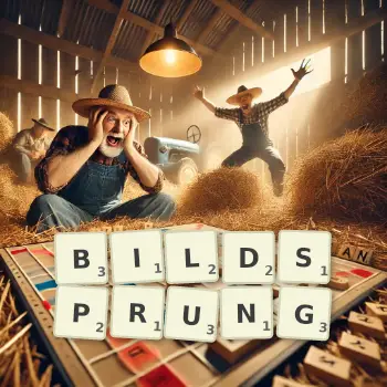 Kreative Illustration für ein Scrabble-Spiel, bei dem das Wort BILDSPRUNG mit Steinen auf dem Brett gelegt wurde.