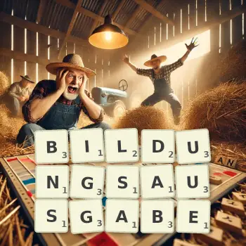 Kreative Illustration für ein Scrabble-Spiel, bei dem das Wort BILDUNGSAUSGABE mit Steinen auf dem Brett gelegt wurde.