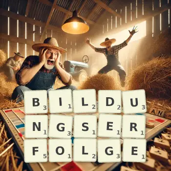 Kreative Illustration für ein Scrabble-Spiel, bei dem das Wort BILDUNGSERFOLGE mit Steinen auf dem Brett gelegt wurde.