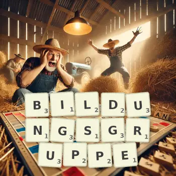 Kreative Illustration für ein Scrabble-Spiel, bei dem das Wort BILDUNGSGRUPPE mit Steinen auf dem Brett gelegt wurde.