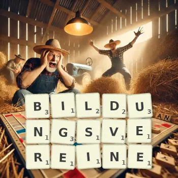 Kreative Illustration für ein Scrabble-Spiel, bei dem das Wort BILDUNGSVEREINE mit Steinen auf dem Brett gelegt wurde.
