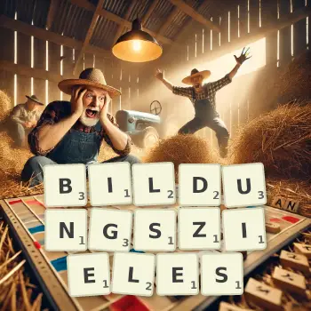 Kreative Illustration für ein Scrabble-Spiel, bei dem das Wort BILDUNGSZIELES mit Steinen auf dem Brett gelegt wurde.