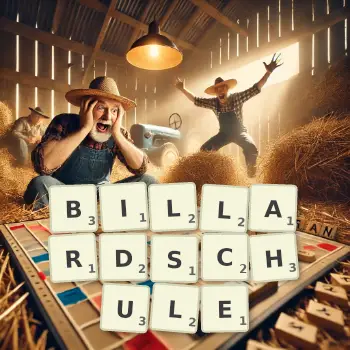 Kreative Illustration für ein Scrabble-Spiel, bei dem das Wort BILLARDSCHULE mit Steinen auf dem Brett gelegt wurde.