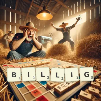 Kreative Illustration für ein Scrabble-Spiel, bei dem das Wort BILLIG mit Steinen auf dem Brett gelegt wurde.