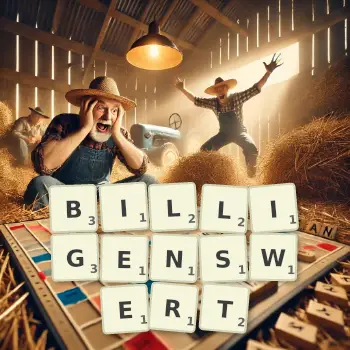 Kreative Illustration für ein Scrabble-Spiel, bei dem das Wort BILLIGENSWERT mit Steinen auf dem Brett gelegt wurde.