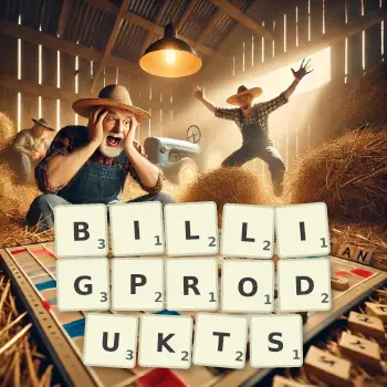 Kreative Illustration für ein Scrabble-Spiel, bei dem das Wort BILLIGPRODUKTS mit Steinen auf dem Brett gelegt wurde.