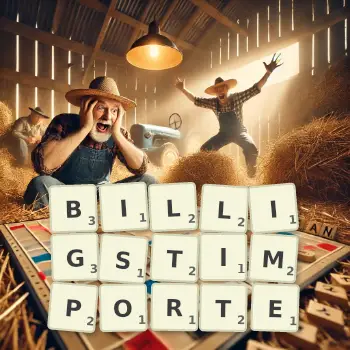 Kreative Illustration für ein Scrabble-Spiel, bei dem das Wort BILLIGSTIMPORTE mit Steinen auf dem Brett gelegt wurde.