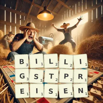 Kreative Illustration für ein Scrabble-Spiel, bei dem das Wort BILLIGSTPREISEN mit Steinen auf dem Brett gelegt wurde.