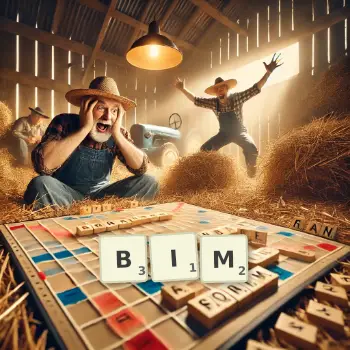 Kreative Illustration für ein Scrabble-Spiel, bei dem das Wort BIM mit Steinen auf dem Brett gelegt wurde.
