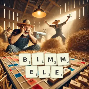 Kreative Illustration für ein Scrabble-Spiel, bei dem das Wort BIMMELE mit Steinen auf dem Brett gelegt wurde.