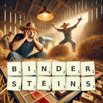 Kreative Illustration für ein Scrabble-Spiel, bei dem das Wort BINDERSTEINS mit Steinen auf dem Brett gelegt wurde.