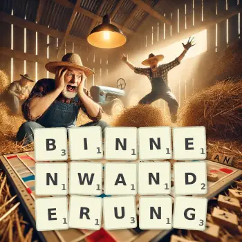 Kreative Illustration für ein Scrabble-Spiel, bei dem das Wort BINNENWANDERUNG mit Steinen auf dem Brett gelegt wurde.
