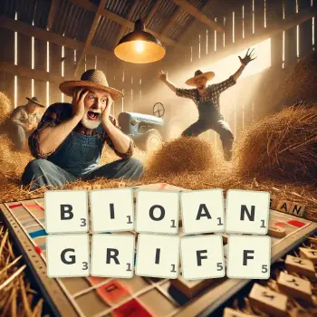 Kreative Illustration für ein Scrabble-Spiel, bei dem das Wort BIOANGRIFF mit Steinen auf dem Brett gelegt wurde.