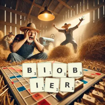 Kreative Illustration für ein Scrabble-Spiel, bei dem das Wort BIOBIER mit Steinen auf dem Brett gelegt wurde.