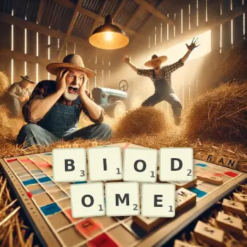 Kreative Illustration für ein Scrabble-Spiel, bei dem das Wort BIODOME mit Steinen auf dem Brett gelegt wurde.