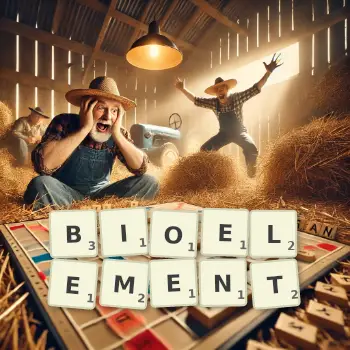 Kreative Illustration für ein Scrabble-Spiel, bei dem das Wort BIOELEMENT mit Steinen auf dem Brett gelegt wurde.