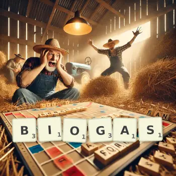 Kreative Illustration für ein Scrabble-Spiel, bei dem das Wort BIOGAS mit Steinen auf dem Brett gelegt wurde.
