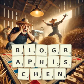 Kreative Illustration für ein Scrabble-Spiel, bei dem das Wort BIOGRAPHISCHEN mit Steinen auf dem Brett gelegt wurde.
