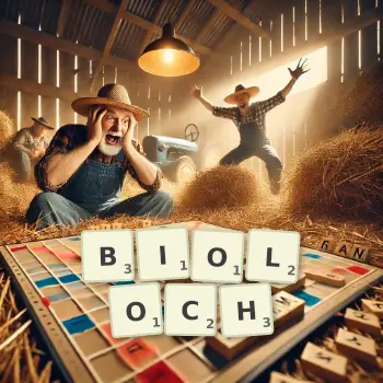 Kreative Illustration für ein Scrabble-Spiel, bei dem das Wort BIOLOCH mit Steinen auf dem Brett gelegt wurde.