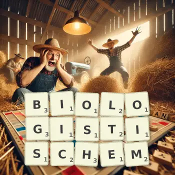 Kreative Illustration für ein Scrabble-Spiel, bei dem das Wort BIOLOGISTISCHEM mit Steinen auf dem Brett gelegt wurde.