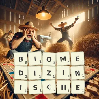 Kreative Illustration für ein Scrabble-Spiel, bei dem das Wort BIOMEDIZINISCHE mit Steinen auf dem Brett gelegt wurde.