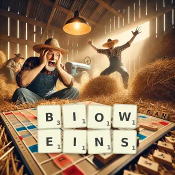 Kreative Illustration für ein Scrabble-Spiel, bei dem das Wort BIOWEINS mit Steinen auf dem Brett gelegt wurde.